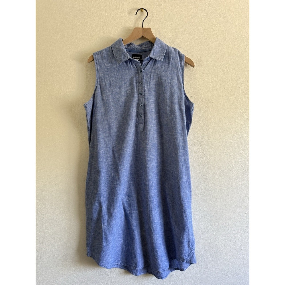 Basic‎ Editions Sleeveless Collared Blue Linen Blend Shift Dress